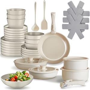 tectake® Set cucina x 6 persone 40 pcs, stoviglie e pentole, 24 pcs piatti ciotole, x microonde e lavastoviglie, 11 pcs padelle, coperchi pentole manici removibili, spatola, mestolo - Tortora/Bianco