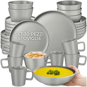 tectake® Set di Stoviglie in Gres per 6 Persone, 30 Pezzi, Design Urban | Servizio Piatti in Gres Smaltato, Adatto a Lavastoviglie e Microonde, Impilabili Salvaspazio, Piatti, Ciotole, Tazze, Grigio