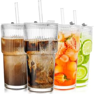 KUOGAS 4 Bicchieri in Vetro Rigato 600 ml con Coperchio e Cannuccia, Bicchieri per Frullati Spessi e Robusti in Vetro di Alta Qualità, Design Ermetico e Impermeabile, Ideale per Caffè