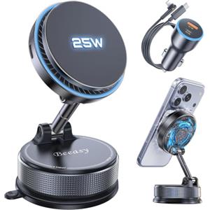 Beeasy Qi2.2 25W Caricatore Wireless Auto per MagSafe, Porta Cellulare Auto | Con Ventola Raffreddamento & Adattatore 63W, Ventosa a Vuoto Potente, Rotazione 360° Supporto per iPhone 12-18 Samsung S26