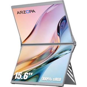ARZOPA Monitor Portatile Doppio Schermo 15,6'' - FHD 1080P IPS 100% sRGB con Luce Blu Ridotta, Supporto Regolabile 315°, Plug & Play, Laptop Screen Extender per Mac/Phone/Switch/PS5/Xbox - E1