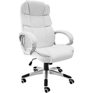 tectake® Sedia da Ufficio Ergonomica in Similpelle, Schienale Alto, 120 kg | Braccioli Imbottiti, Molla a Gas, Meccanismo Basculante, Rotelle Salva-pavimento, Imbottitura Doppia, Base Razze, Bianco
