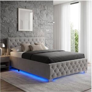 tectake® Letto Matrimoniale Imbottito con Rete a Doghe, Letto Contenitore Matrimoniale e Illuminazione LED, Struttura in Acciaio, Velluto Trapuntato Chesterfield, con Telecomando, 120x200 cm - Grigio