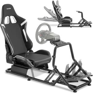 tectake® Sedia Gaming Postazione Corsa, Gaming Chair per Simulatore di Guida, adatto a vari Brand di Volante PC e Console, Seduta regolabile, cockpit sim racing in acciaio, per PC e console, Nero/Nero