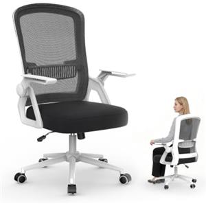 rattantree Sedia da Ufficio Scrivania Ergonomica, Con Braccioli Pieghevoli, Seduta e Schienale in Rete Respirante, Altezza Regolabile, Girevole con Ruote, Funzione Oscillante - Bianco