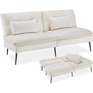 tectake® Divano Letto 3in1, 3 Posti, Schienale Regolabile in 6 Posizioni | Portata 300 kg, Larghezza 175 cm, Imbottitura Spessa, Cuscini Extra Inclusi, Struttura in Acciaio, 175x66x8 cm, Crema-Bianco