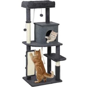 PawHut Albero Tiragraffi Multilivello Alto 132 cm per Gatti, Grigio Scuro | Palestra per Gatti, Casetta, Lettino, Pali Tiragraffi, Piattaforma, Spazzola e Pallina, Dispositivo Antiribaltamento