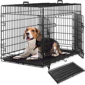 tectake Gabbia per cani pieghevole con griglia in acciaio, vassoio di base rimovibile per la pulizia e 2 porte con doppia chiusura, gabbia portatile per gatti, conigli e cani con 2 maniglie per il