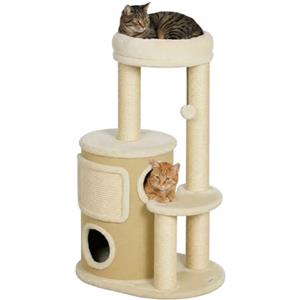 PawHut Tiragraffi per Gatti Multilivello 90cm con 2 Grotte e Cuccia, Beige | Albero per Gatti, 4 Pali Graffiatoi in Sisal, Pompon, Piattaforme, Tappetino, Rampa, Torre per Gattini, in Peluche
