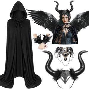 iZoeL Costume da diavolo da donna, costume di Halloween con mantello da | Mantello da strega da diavolo/malvagio con cappuccio, corna del diavolo, cerchietto, catena, costume da vampiro da donna