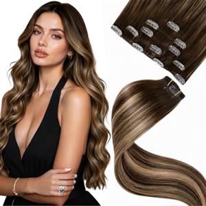 LaaVoo Extension Capelli Veri Clip, Balayage Marrone Cioccolato a Caramello e Biondo, Capelli Umani Remy, Morbidi e Setosi, per Sposa e Matrimonio, 35cm 80g 5pcs Colore 4-4-27