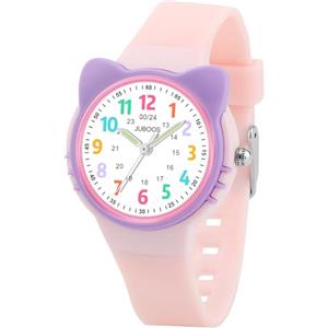 Juboos Orologio analogico per bambini e bambine, impermeabile fino a 3 atm, con gatto, facile da leggere, Viola, orologio gatto bambini