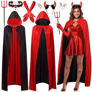 iZoeL Costume da diavolo da donna, costume di Halloween con mantello da | Mantello da strega da diavolo/malvagio con cappuccio, corna del diavolo, cerchietto, catena, costume da vampiro da donna