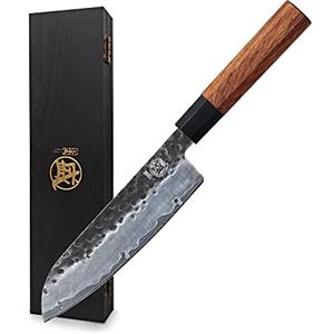MITSUMOTO SAKARI Coltello da Cucina da 19 cm Santoku Forgato a Mano | Coltelli da Cucina in Acciaio ad Alto Carbonio, Coltello Giapponese Prof, Manico in Palissandro e Scatola di Legno Boutique