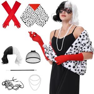 Aragallant Cruella Parrucca in Bianco e Nero, Costume Crudelia Demon Donna, Parrucca Crudelia Demon, Costume di Halloween Accessori con Guanti Rossi, Collana