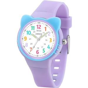 Juboos Orologio analogico per bambini e bambine, impermeabile fino a 3 atm, con gatto, facile da leggere, Viola, orologio gatto bambini