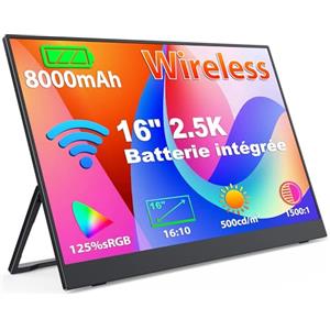 MAGICRAVEN 16" 2.5K Monitor Portatile Wireless con Batteria 8000 mAh, 125% sRGB 1500:1 | 16:10 IPS Schermo Portatile con Supporto, per Laptop/Smartphone/PS4/5/X-BO/Swi-tch, Supporto AirPlay/Miracast (WiFi)