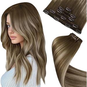 LaaVoo Extension Capelli Veri Clip, Balayage Marrone Scuro a Marrone Chiaro e Biondo, Remy Umani Naturali, Leggeri e Invisibili, per Uso Quotidiano, 30cm 80g 5pcs Colore 3-8-24