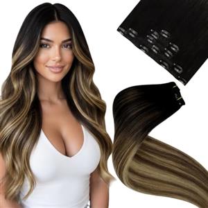 LaaVoo Extension Capelli Veri Clip Dal Nero Al Castano Con Biondo Caramello Extension Clip Capelli Umani Lisci Invisibile 35 cm 80g 5pcs #1B/4/27