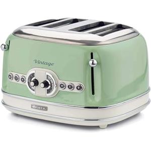 Ariete Tostapane Vintage 4 Fette 156, Tostiera con 6 Livelli di Tostatura, Espulsione Automatica, Funzione Defrost, Vassoio Raccoglibriciole Estraibile, Corpo in Acciaio Inox, 1600W, Verde