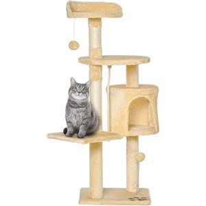 PawHut Albero Tiragraffi per Gatti in Legno 4 Livelli con Cuccia 114 cm | Giocattoli, Pallina e Corda