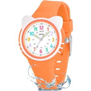 Juboos Orologio analogico per bambini e bambine, impermeabile fino a 3 atm, con gatto, facile da leggere, Viola, orologio gatto bambini