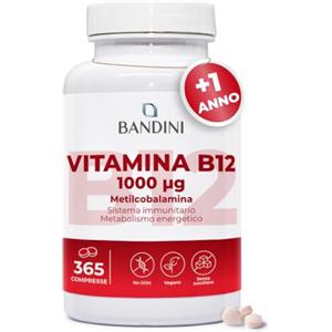 Bandini® Vitamina B12 365 Compresse (+ 1 Anno), Metilcobalamina 1000µg, | 100% Vegan, Vitamine B 12 per il Sistema Immunitario, Vit per Normale Metabolismo energetico, Stanchezza Fisica e Mentale