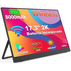 MAGICRAVEN 17.3" 2K Monitor portatile Wireless con Batteria 8000 mAh, QHD 125%sRGB HDR | Schermo Portatile con Supporto, Portable Monitor per Laptop/Smartphone/PS4/5/X-BO/Swi-tch, Supporto AirPlay/Miracast (WiFi)