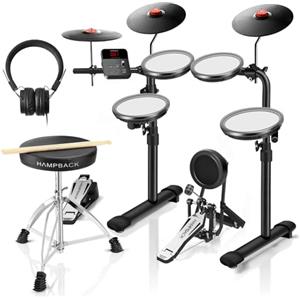 HAMPBACK MK-0 PRO Batteria Elettronica con Pad Mesh da 7", Piatti Full Rubber da 8", Cassa da 5", 12 Kit e 68 Suoni Autentici, USB MIDI, Sgabello, Bacchette e Cuffie, per Principianti e Bambini
