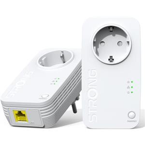 STRONG AV600 Kit Powerline con Presa Integrata, LAN 100 Mbps, Kit da 2 | Plug & Play, Connessione Sicura, Risparmio Energetico, Compatibile con Ogni Router, Ideale per TV, PC e Lavoro da Casa