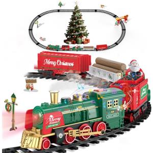 CHEELBORSI Set treno natalizio con fumo, luce e suono, trenino sotto l'albero di Natale, giocattolo elettrico per bambini di 3 4 5 6 7 8 e adulti