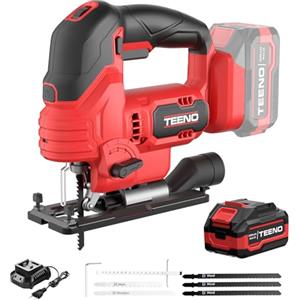 TEENO Seghetto Alternativo Senza Fili Per Batteria Makita 20V 4.0AH, Seghetto Alternativo laser 800-3000 SPM, 6 VELOCITÀ, LED, Angolo ±45°, 5 lame per Legno, Plastica, Metallo (Una Batteria, 4.0 AH)