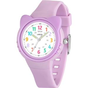 Juboos Orologio analogico per bambini e bambine, impermeabile fino a 3 atm, con gatto, facile da leggere, Viola, orologio gatto bambini