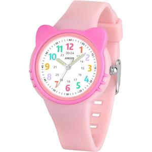 Juboos Orologio analogico per bambini e bambine, impermeabile fino a 3 atm, con gatto, facile da leggere, Viola, orologio gatto bambini