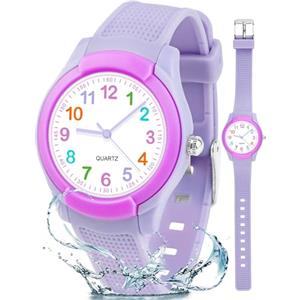 Juboos Orologio analogico per bambini e bambine, impermeabile fino a 3 atm, con gatto, facile da leggere, Viola, orologio gatto bambini