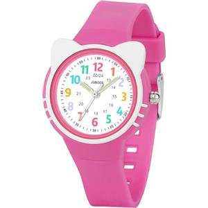 Juboos Orologio analogico per bambini e bambine, impermeabile fino a 3 atm, con gatto, facile da leggere, Viola, orologio gatto bambini