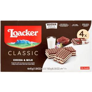 Loacker, Classic Cocoa & Milk, Wafer Cacao e Latte, 4 Monoporzioni da 45g | Biscotti con Cacao nella Cialda Wafer e Deliziosa Crema 100% latte alpino non OGM, Colazione, 4 Snack Monoporzione
