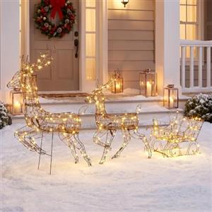 Outsunny Set Renne Natale e Slitta Luminose da Esterno 105cm Timer, Marrone | 240 LED Bianco Caldo, Decorazioni Natalizia per Interno, 8 Modalità di Illuminazione, IP44, Patio, Giardino Riparato, Casa