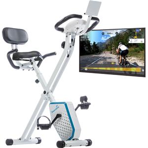 Skandika Foldaway X-1000 PLUS: Bicicletta fitness pieghevole, cyclette X-Bike con sensori di frequenza cardiaca manuali, computer Bluetooth, supporto per tablet e schienale