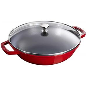 STAUB Wok ghisa con coperchio in vetro, 30 cm, interno smaltato, per tutti i tipi di fornelli e induzione, rosso ciliegia