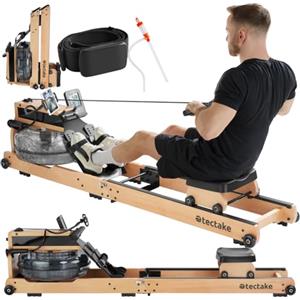 tectake® Vogatore ad acqua in Legno Pieghevole, Carico Max 150kg, Bluetooth, Sedile Ergonomico, App Kinomap, 6 Livelli di Resistenza, Struttura in Faggio, con Ruote, attrezzi palestra casa, home gym