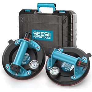 SEESII Sollevatore a Ventose per Piastrelle, Set di 2 Ventose con Manometro, Sollevatore a Vuoto Max 250 kg, Sollevatore per Vetro Laminato con Cassetta degli Attrezzi Portatile