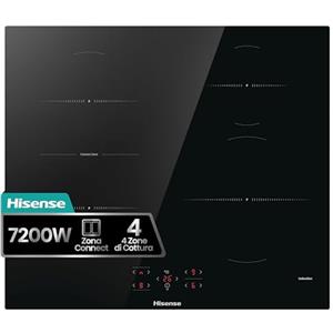 Hisense HI621FM Piano Cottura a Induzione 60 cm, 4 Zone con Connect Zone, Power Boost, 7200W, Touch Control, Timer e Indicatore Calore Residuo, Vetroceramica Nero