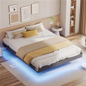 IRONCK Struttura Letto 160 x 200 cm, Effetto Fluttuante, Letto 160x200 con illuminazione a LED e stazione di ricarica (2 Prese AC, 1 Porta USB-C, 1 Porta USB-A), Grigio