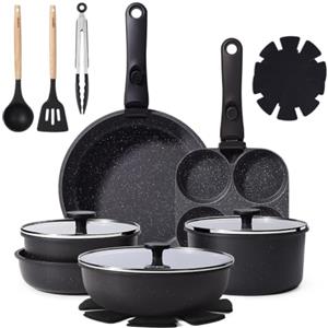 GiPP 18 Pezzi Set di Pentole Antiaderente Compatibile Induzione, Nero | Comprende padelle, pentole e wok, Manici Rimovibili, per Camper, Senza Tossine, Compatibile Forno/Lavastoviglie