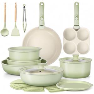 GiPP 21 Pezzi Set di Pentole Antiaderente, Verde Chiaro | Manici Rimovibili, per Camper, Senza Tossine, Compatibile Induzionei, Forno/Lavastoviglie, Comprende padelle, pentole e wok