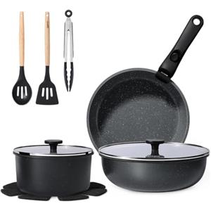 GiPP 11 Pezzi Set di Pentole Antiaderente Compatibile Induzione, Nero | Comprende padelle, pentole e wok, Manici Rimovibili, per Camper, Senza Tossine, Compatibile Forno/Lavastoviglie