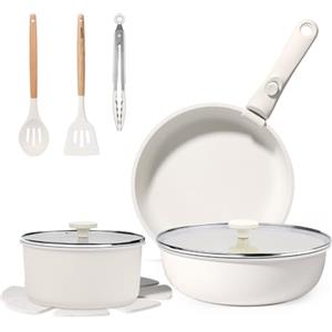 GiPP 11 Pezzi Set di Pentole Antiaderente Compatibile Induzionei, Bianco | Comprende padelle, pentole e wok, Manici Rimovibili, per Camper, Senza Tossine, Compatibile Forno/Lavastoviglie