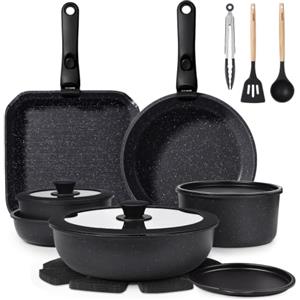 GiPP 19 Pezzi Set di Pentole Antiaderente Compatibile Induzione, Nero | Comprende padelle, pentole e wok, Manici Rimovibili, per Camper, Senza Tossine, Compatibile Forno/Lavastoviglie