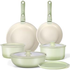 GiPP 11 Pezzi Set di Pentole Antiaderente, Verde Chiaro | Manici Rimovibili, per Camper, Senza Tossine, Compatibile Induzionei, Forno/Lavastoviglie, Comprende padelle, pentole e wok